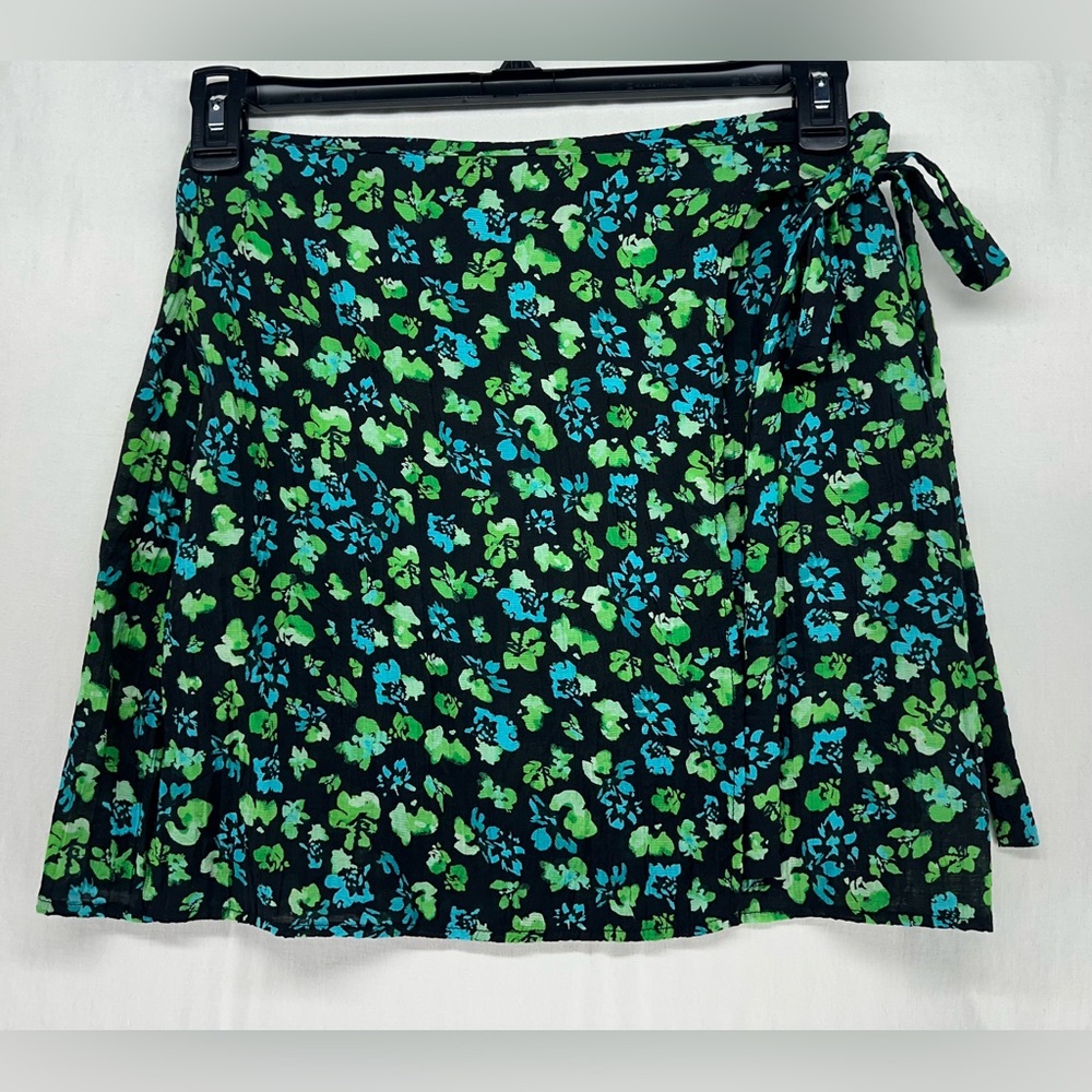 Noisy May Mini Skirt Blue Green Floral Faux Wrap Lightweight Side Zip Size S